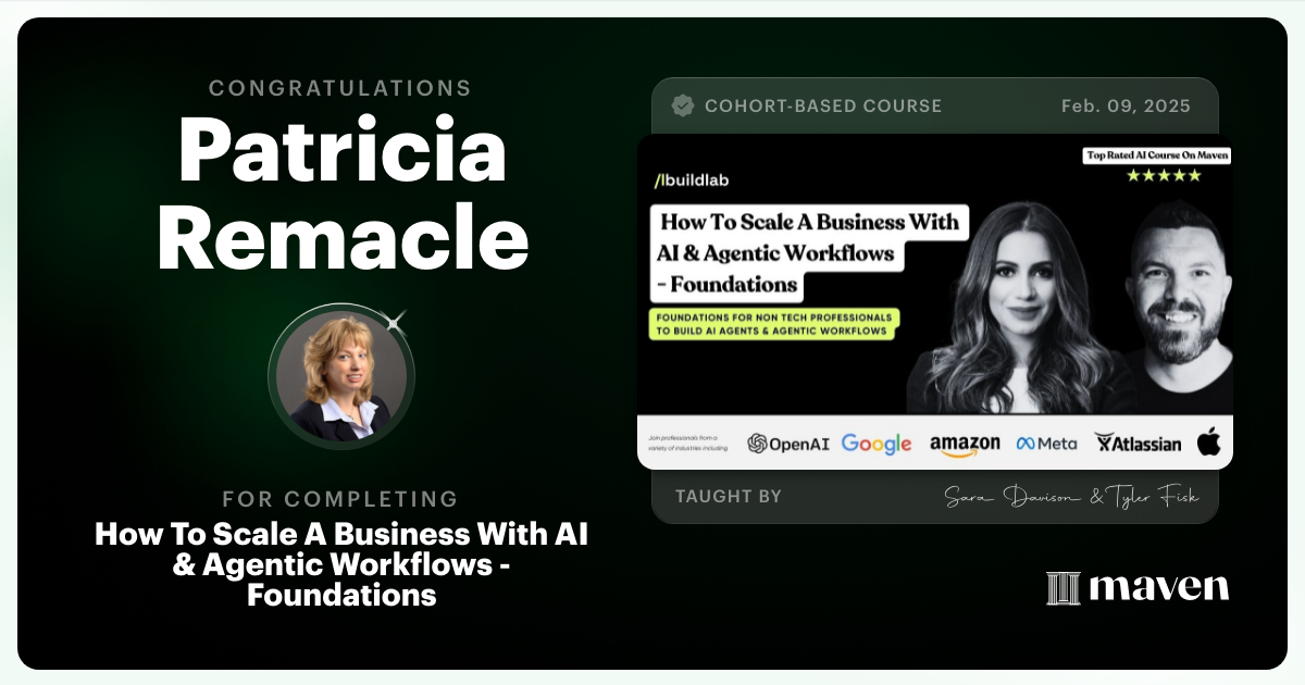 Certificate of Completion for How To Scale A Business With AI & Agentic Workflows - Foundations
