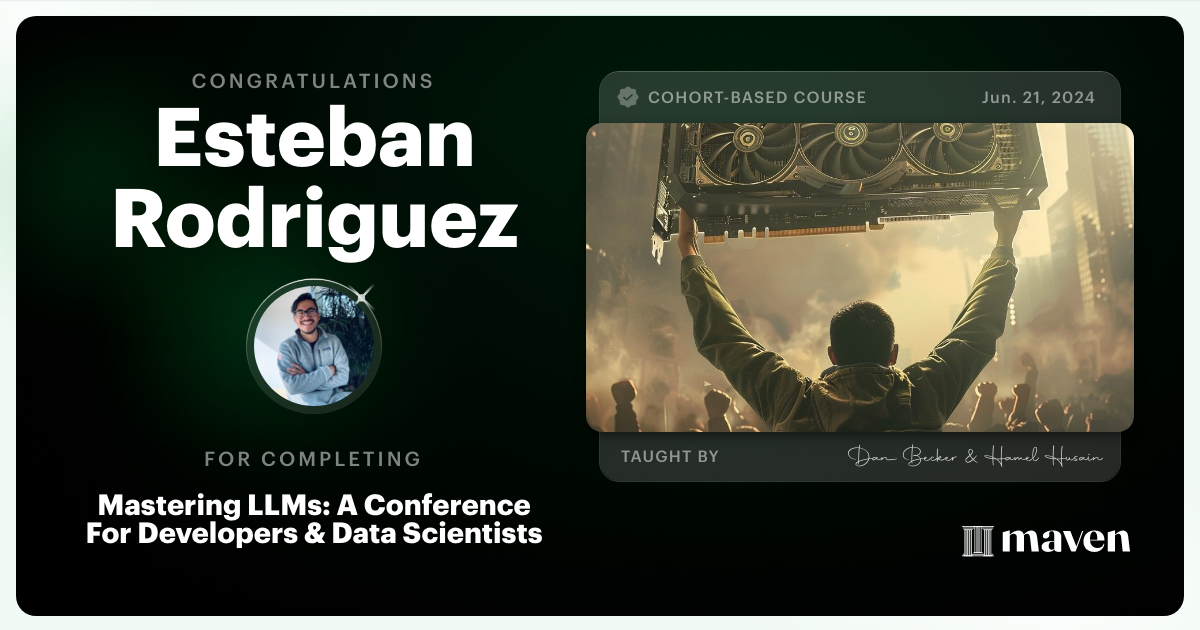 Certificate of Completion for Mastering LLMs For Developers & Data Scientists