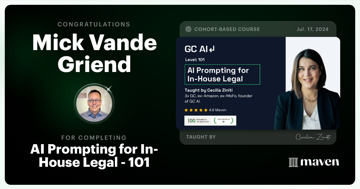 Certificate of Completion for AI Prompting for In-House Legal - 101