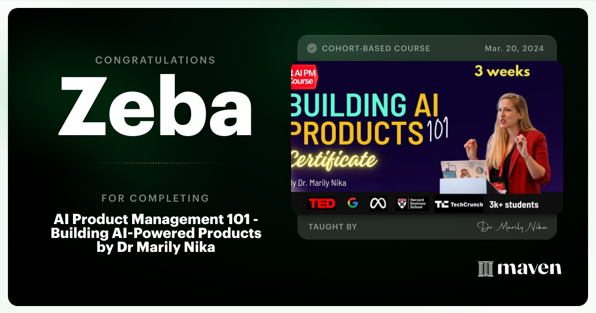Certificate of Completion for AI Product Management 101 & Certification - Building AI Products end-to-end