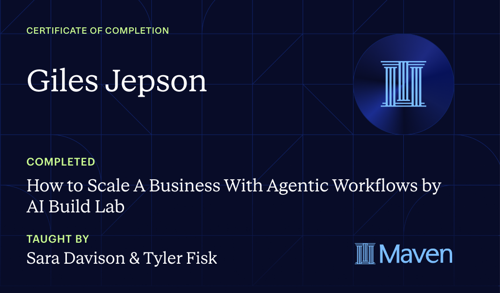 Certificate for How to Scale A Business With Agentic Workflows by AI Build Lab