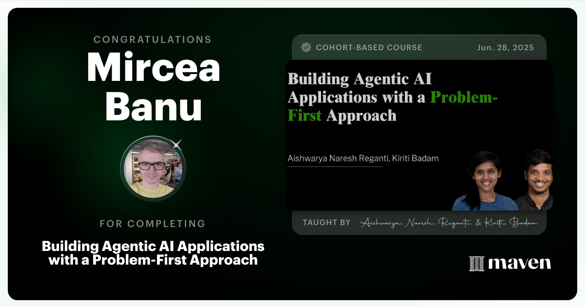 Certificate of Completion for Building Agentic AI Applications with a Problem-First Approach