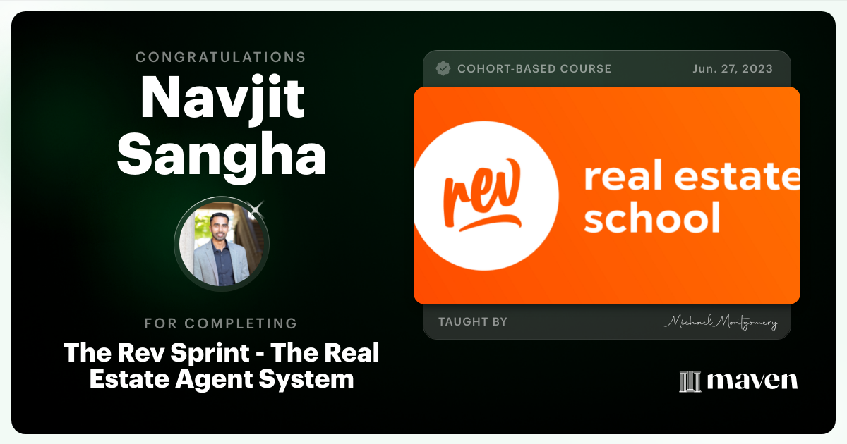 Certificate of Completion for The Rev Sprint - The Real Estate Agent Operating System