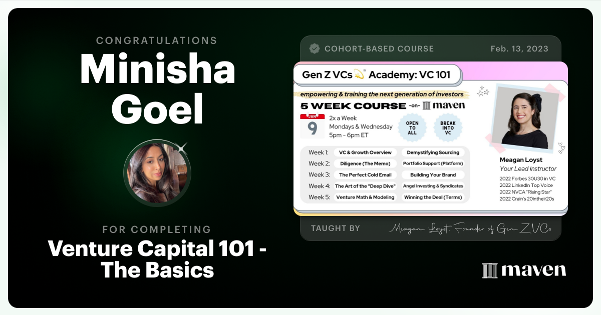 Certificate of Completion for Venture Capital 101 - The Basics