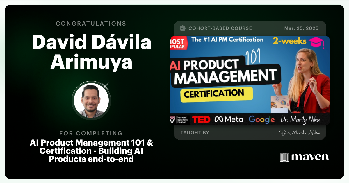 Certificate of Completion for AI Product Management 101 & Certification - Building AI Products end-to-end