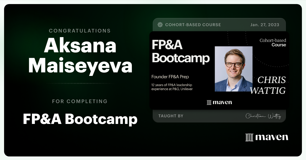 Certificate of Completion for FP&A Bootcamp