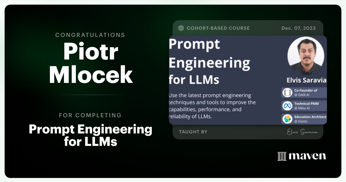 Certificate of Completion for Advanced Prompt Engineering for LLMs