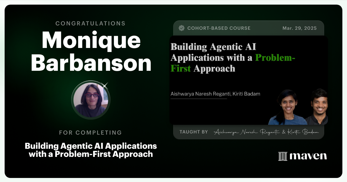 Certificate of Completion for Building Agentic AI Applications with a Problem-First Approach