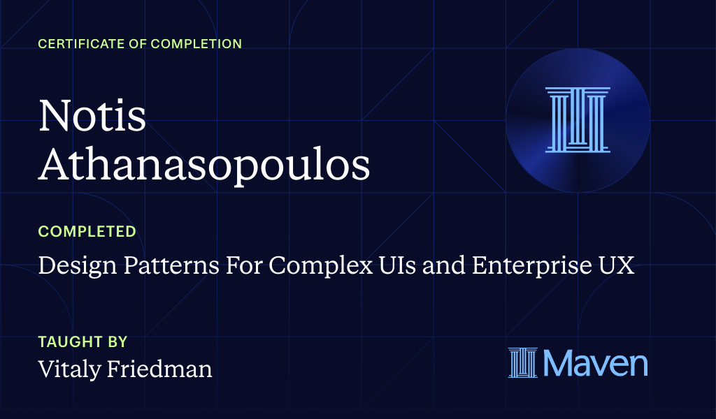 Certificate for Design Patterns For Complex UIs and Enterprise UX
