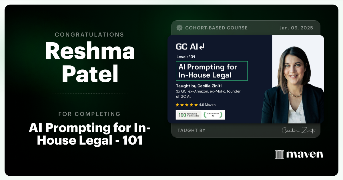 Certificate of Completion for AI Prompting for In-House Legal - 101