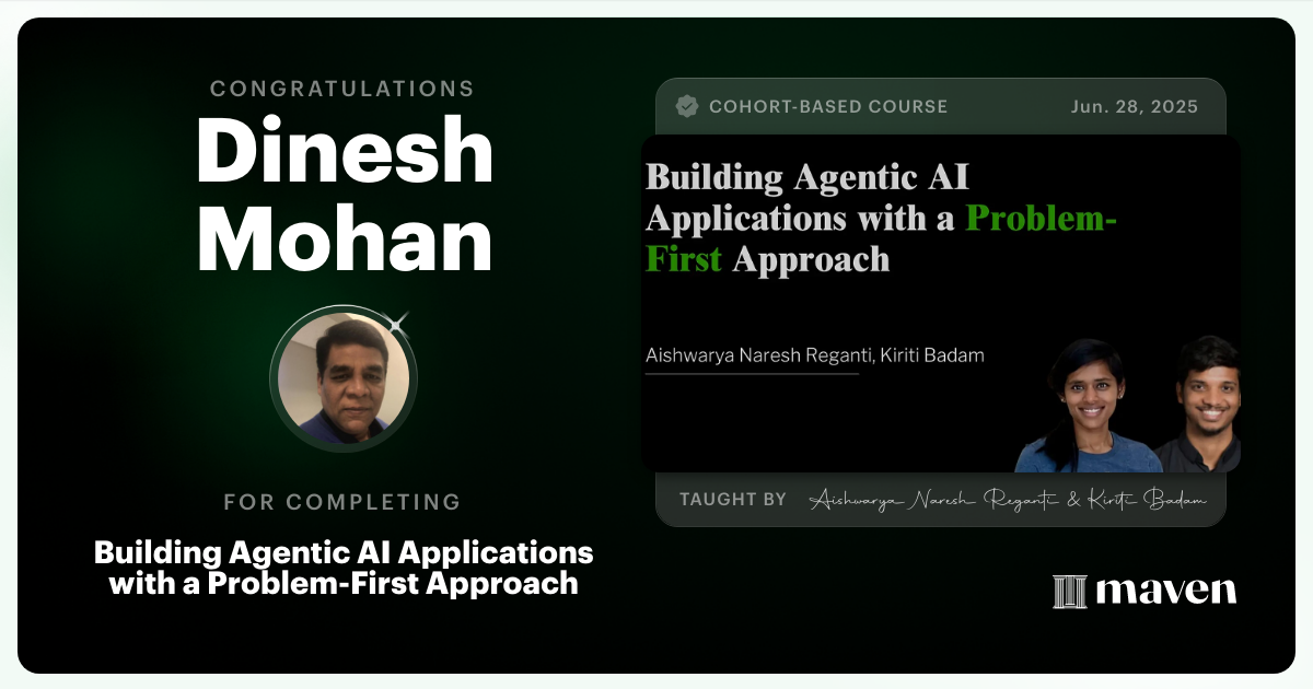 Certificate of Completion for Building Agentic AI Applications with a Problem-First Approach