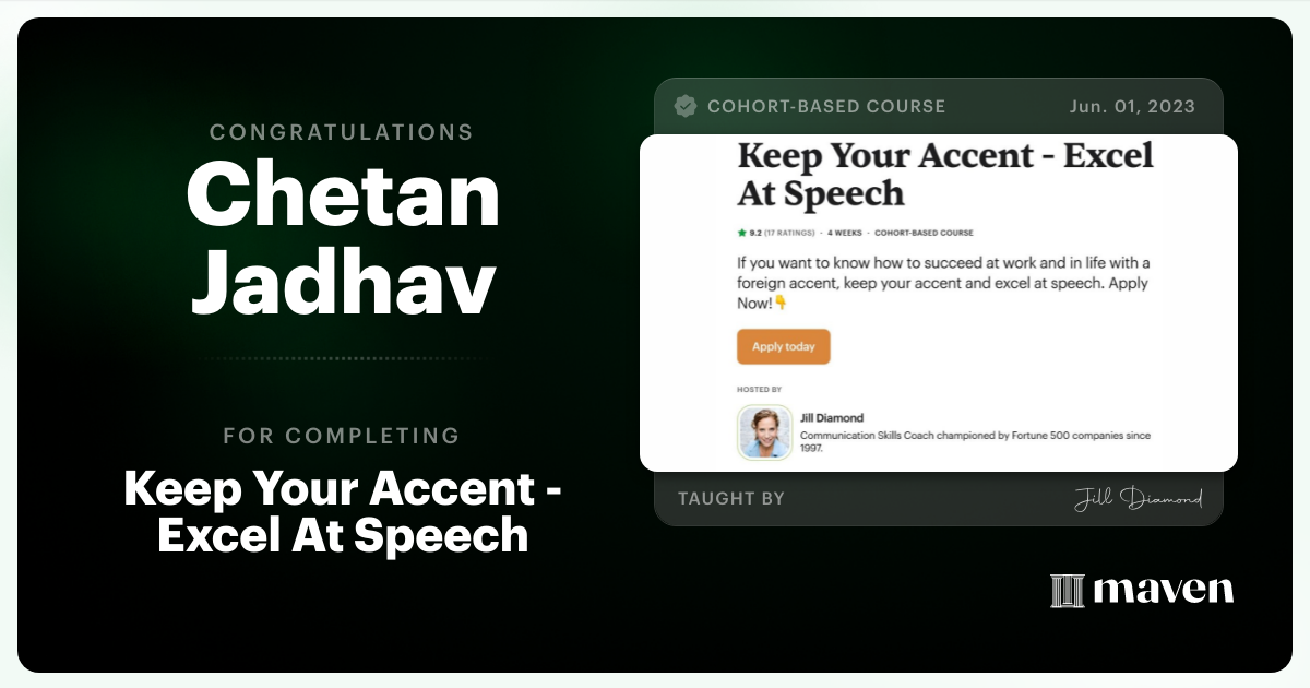 Certificate of Completion for Keep Your Accent - Excel At Speech