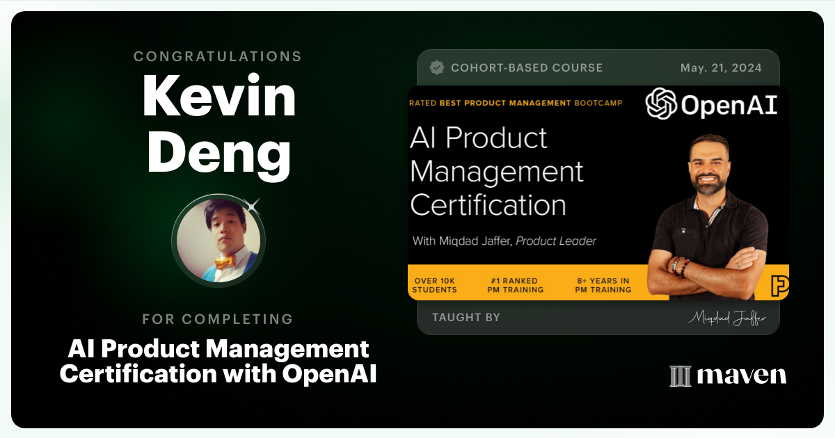 Certificate of Completion for AI Product Management Certification by Product Faculty