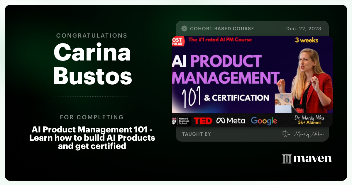 Certificate of Completion for AI Product Management 101 & Certification - Building AI Products end-to-end