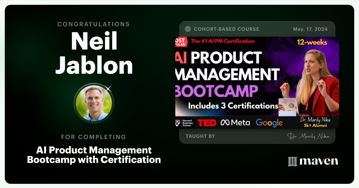 Certificate of Completion for AI Product Management Bootcamp & Certification by AI Product Academy