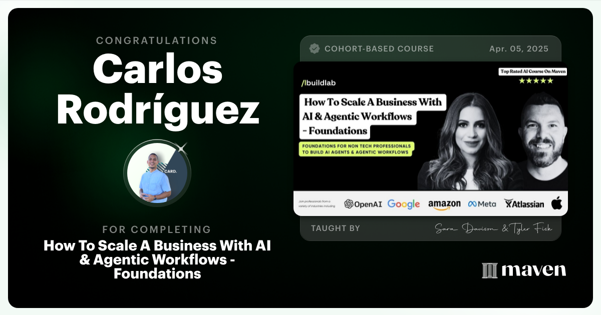Certificate of Completion for How to Scale A Business With Agentic Workflows by AI Build Lab