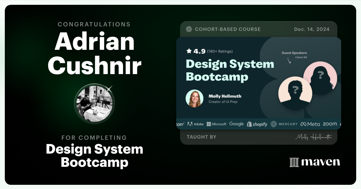Certificate of Completion for Design System Bootcamp