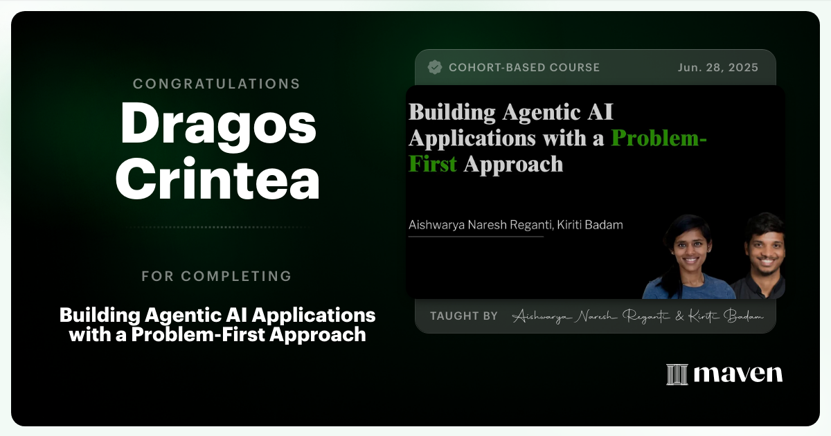 Certificate of Completion for Building Agentic AI Applications with a Problem-First Approach
