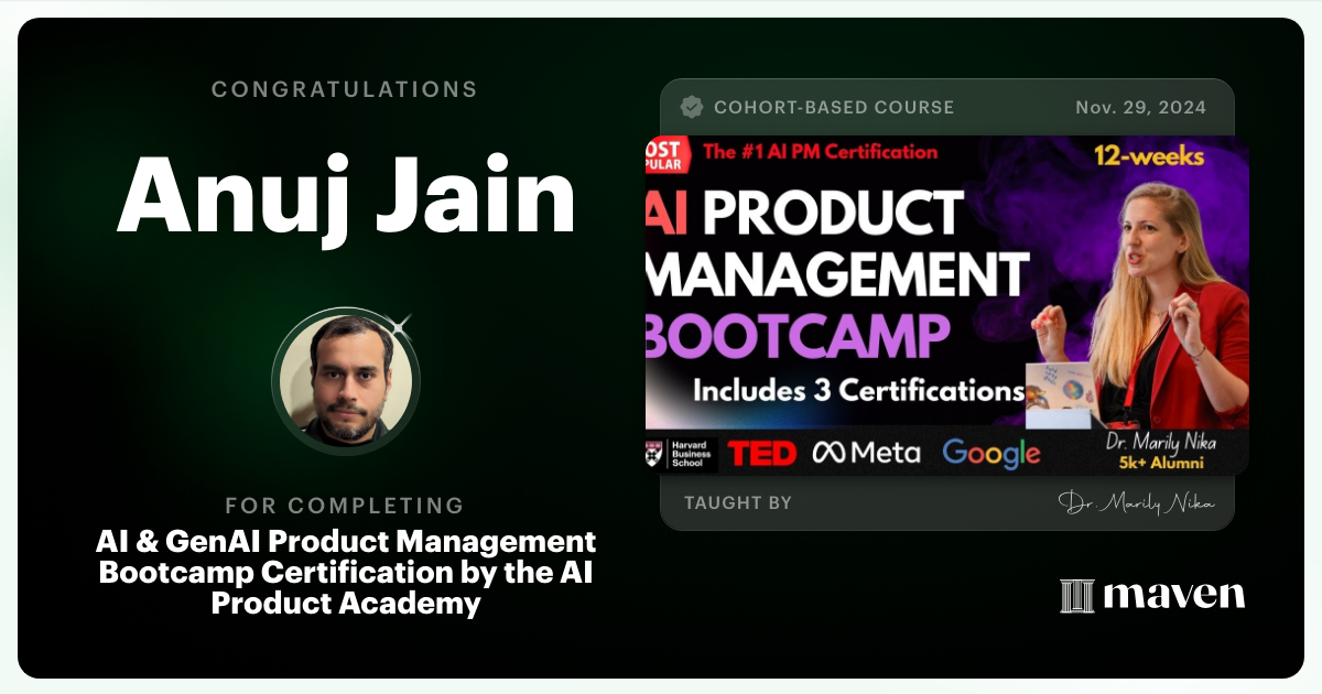 Certificate of Completion for AI Product Management Bootcamp & Certification by AI Product Academy