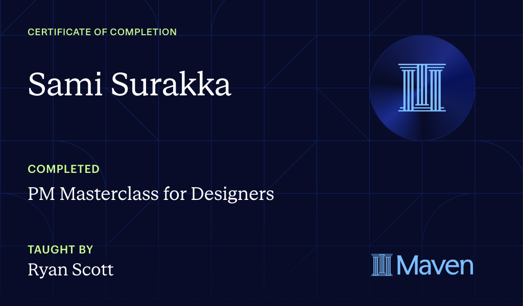 Certificate for PM Masterclass for Designers