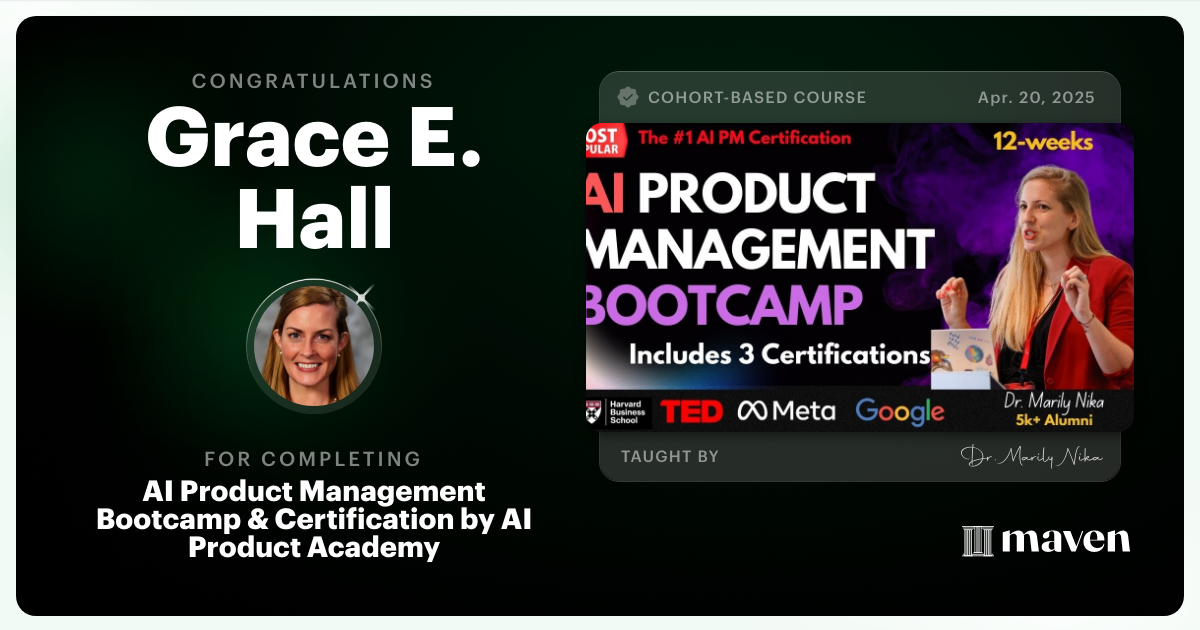 Certificate of Completion for AI Product Management Bootcamp & Certification by AI Product Academy