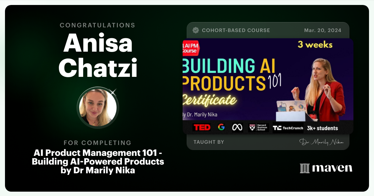 Certificate of Completion for AI Product Management 101 & Certification - Building AI Products end-to-end