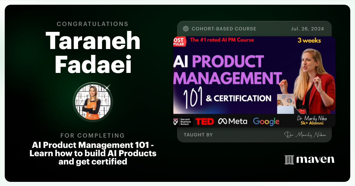 Certificate of Completion for AI Product Management 101 & Certification - Building AI Products end-to-end