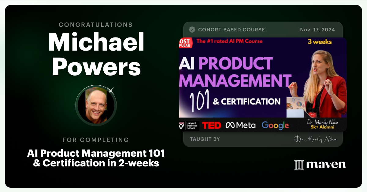Certificate of Completion for AI Product Management 101 & Certification - Building AI Products end-to-end