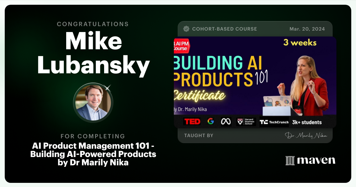 Certificate of Completion for AI Product Management 101 & Certification - Building AI Products end-to-end