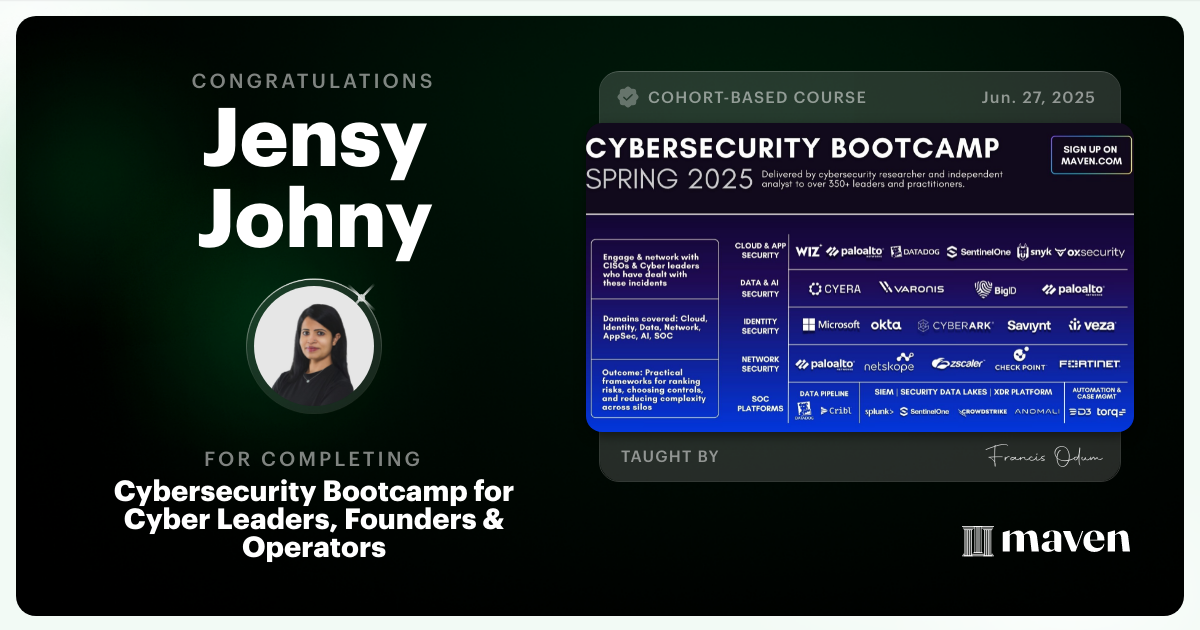 Certificate of Completion for Cybersecurity Bootcamp for Cyber Leaders, Founders & Operators