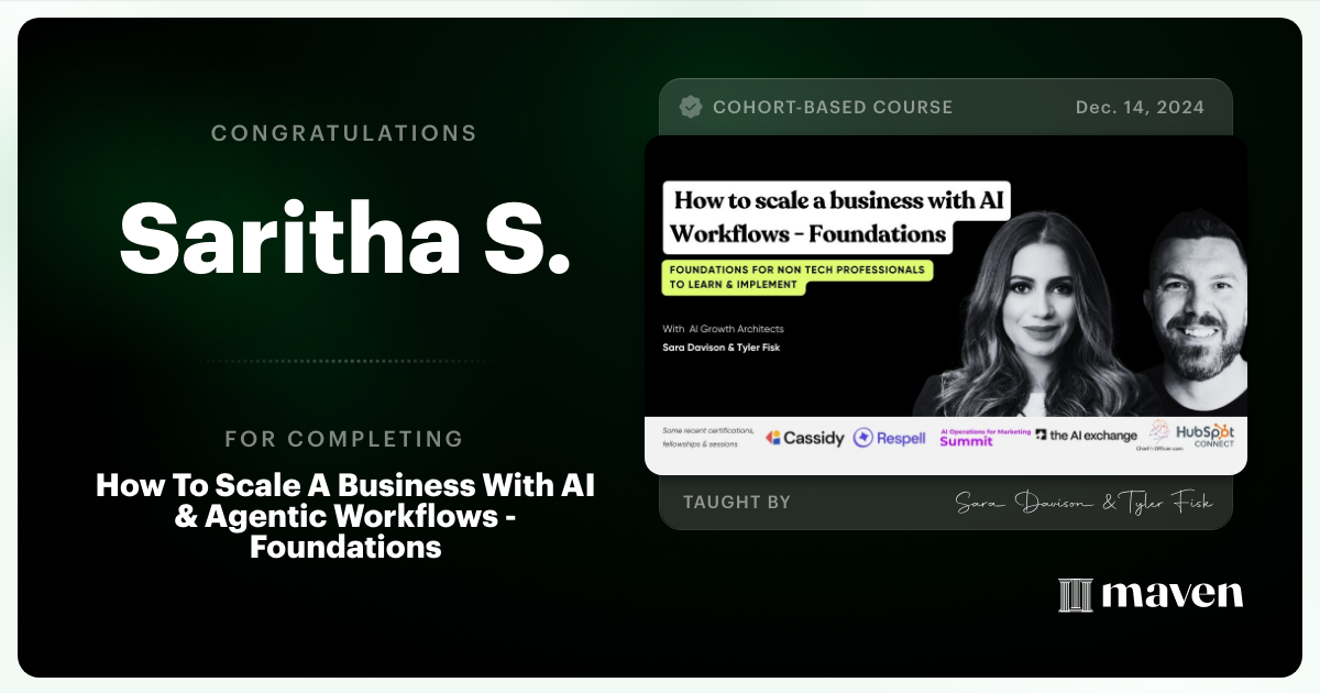 Certificate of Completion for How To Scale A Business With AI & Agentic Workflows - Foundations