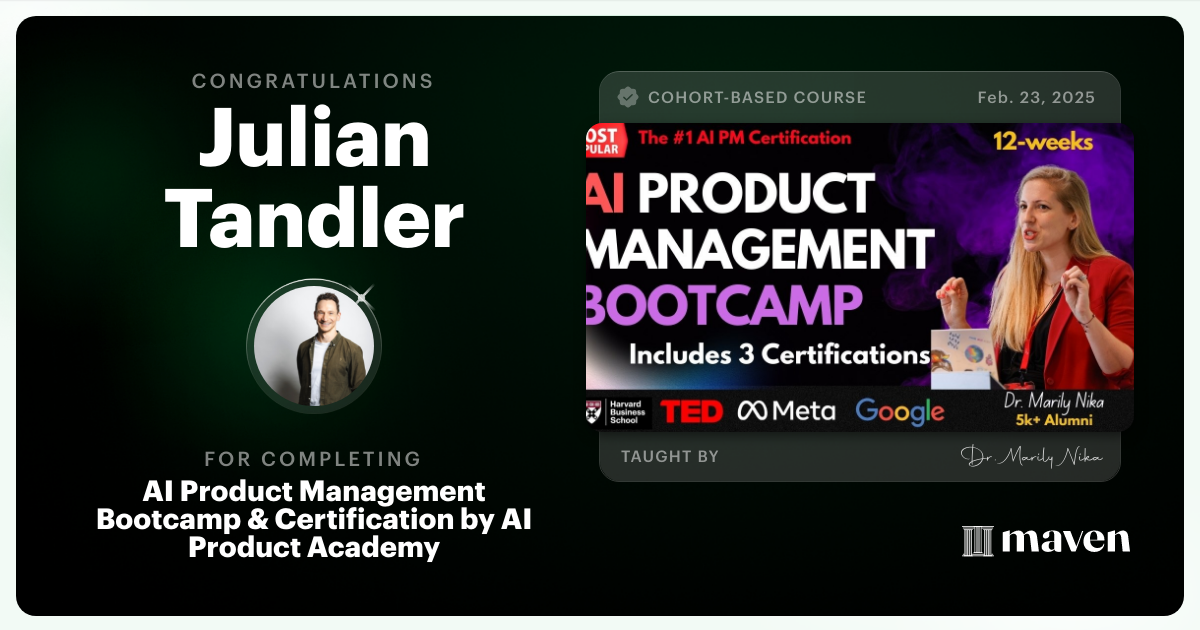 Certificate of Completion for AI Product Management Bootcamp & Certification by AI Product Academy