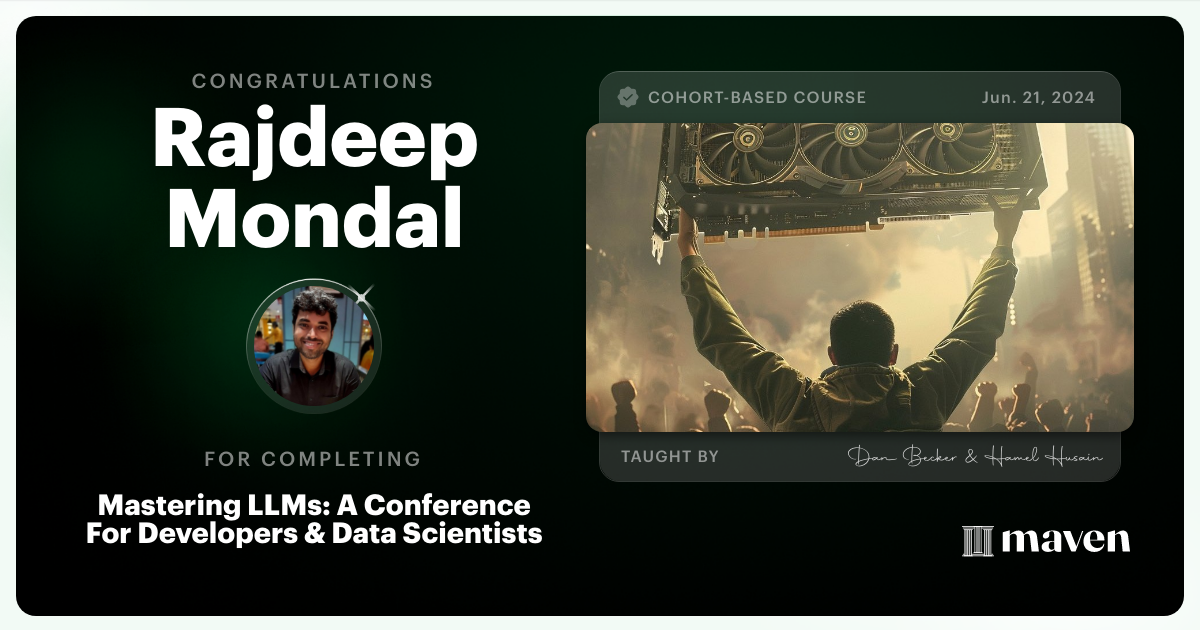 Certificate of Completion for Mastering LLMs For Developers & Data Scientists