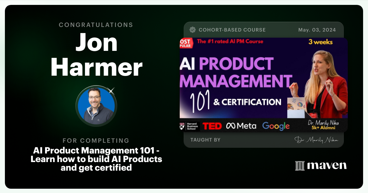 Certificate of Completion for AI Product Management 101 & Certification - Building AI Products end-to-end