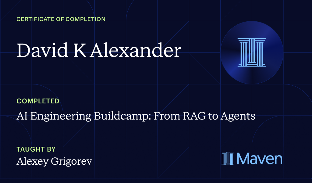 Certificate for AI Engineering Buildcamp: From RAG to Agents