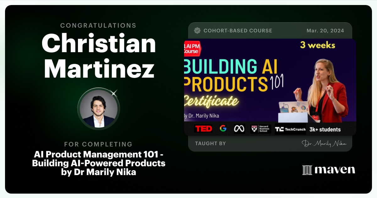 Certificate of Completion for AI Product Management 101 & Certification - Building AI Products end-to-end