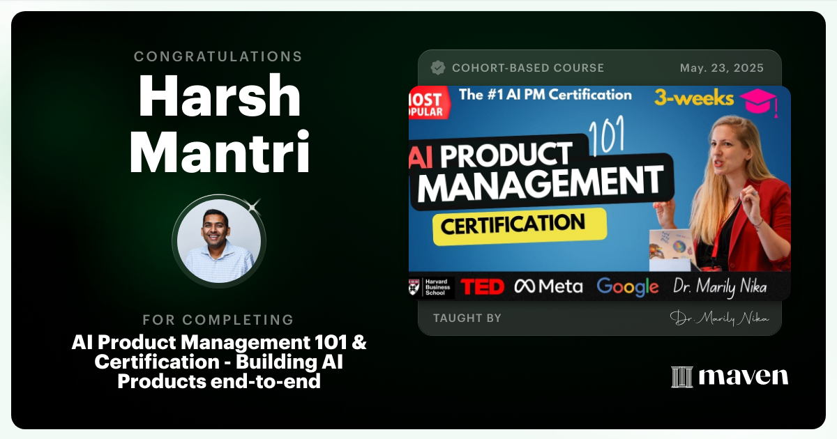 Certificate of Completion for AI Product Management 101 & Certification - Building AI Products end-to-end