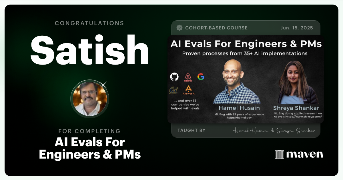 Certificate of Completion for AI Evals For Engineers & PMs