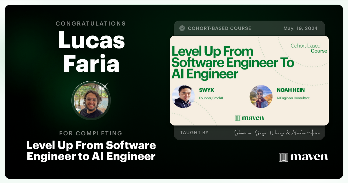 Certificate of Completion for Level Up From Software Engineer to AI Engineer