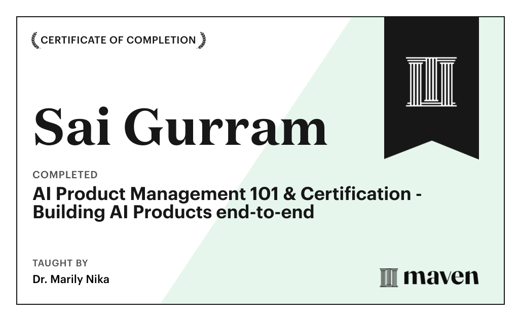 Certificate for AI Product Management 101 & Certification - Building AI Products end-to-end