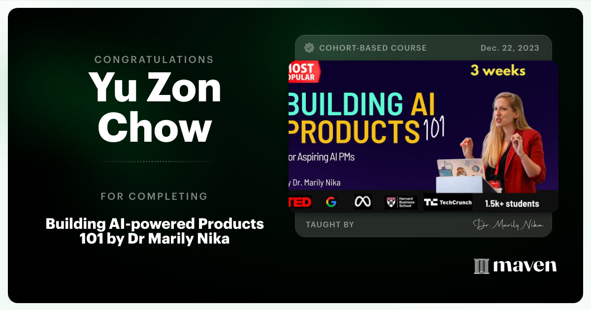 Certificate of Completion for AI Product Management 101 & Certification - Building AI Products end-to-end