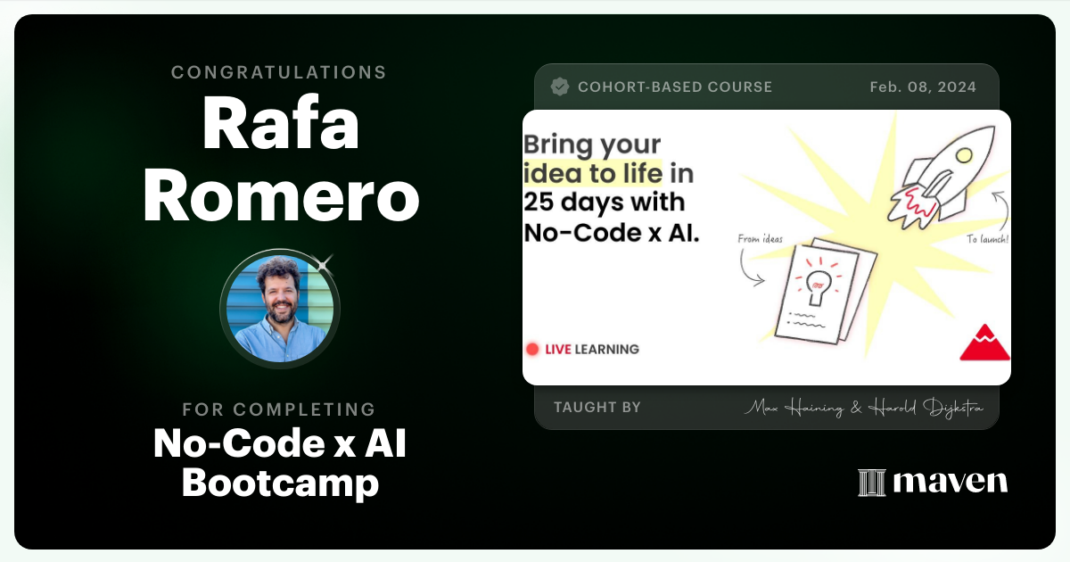 Certificate of Completion for No-Code x AI Bootcamp