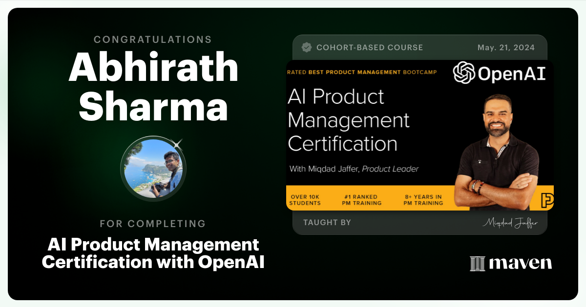 Certificate of Completion for AI Product Management Certification by Product Faculty