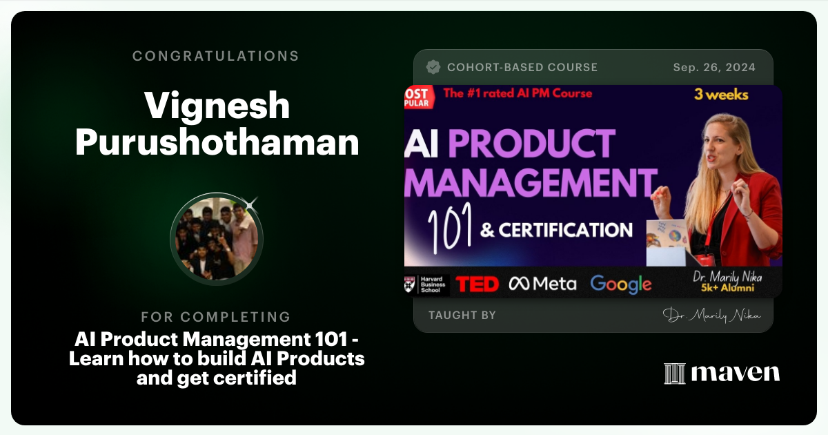 Certificate of Completion for AI Product Management 101 & Certification - Building AI Products end-to-end