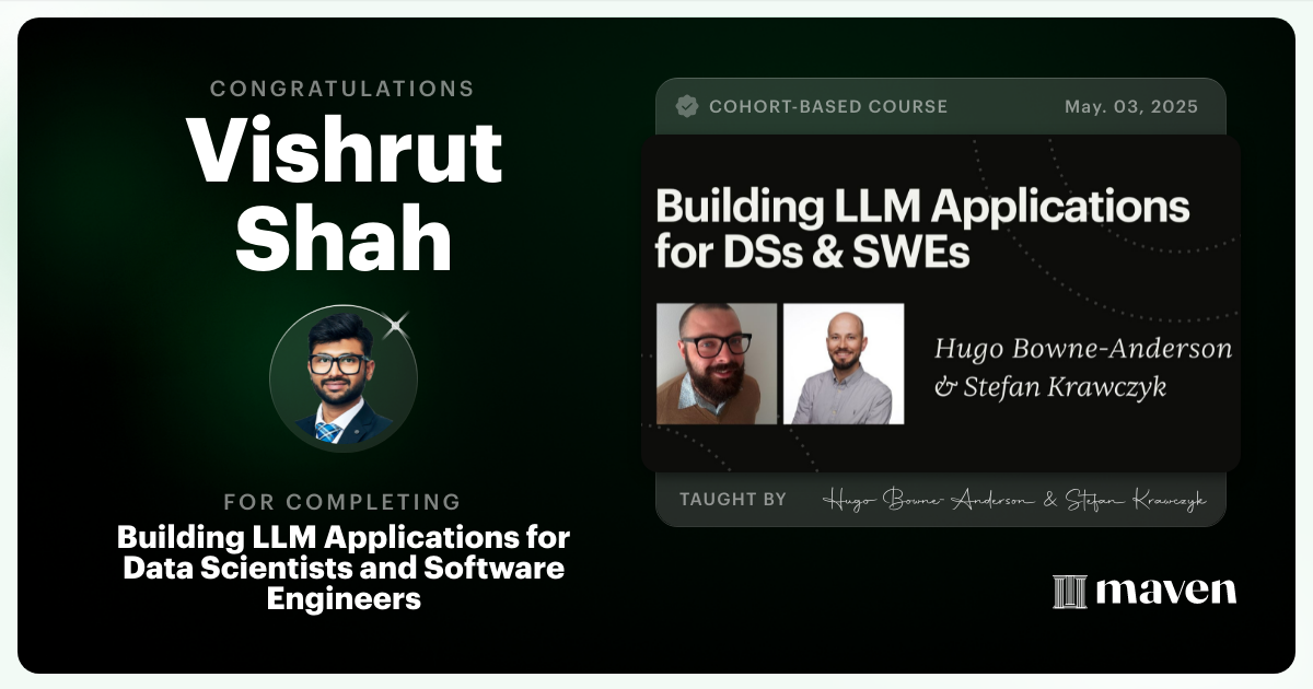 Certificate of Completion for Building AI Applications for Data Scientists and Software Engineers
