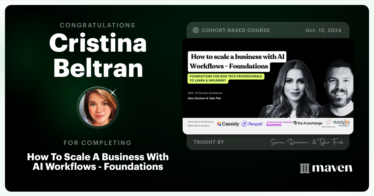 Certificate of Completion for How To Scale A Business With AI & Agentic Workflows - Foundations