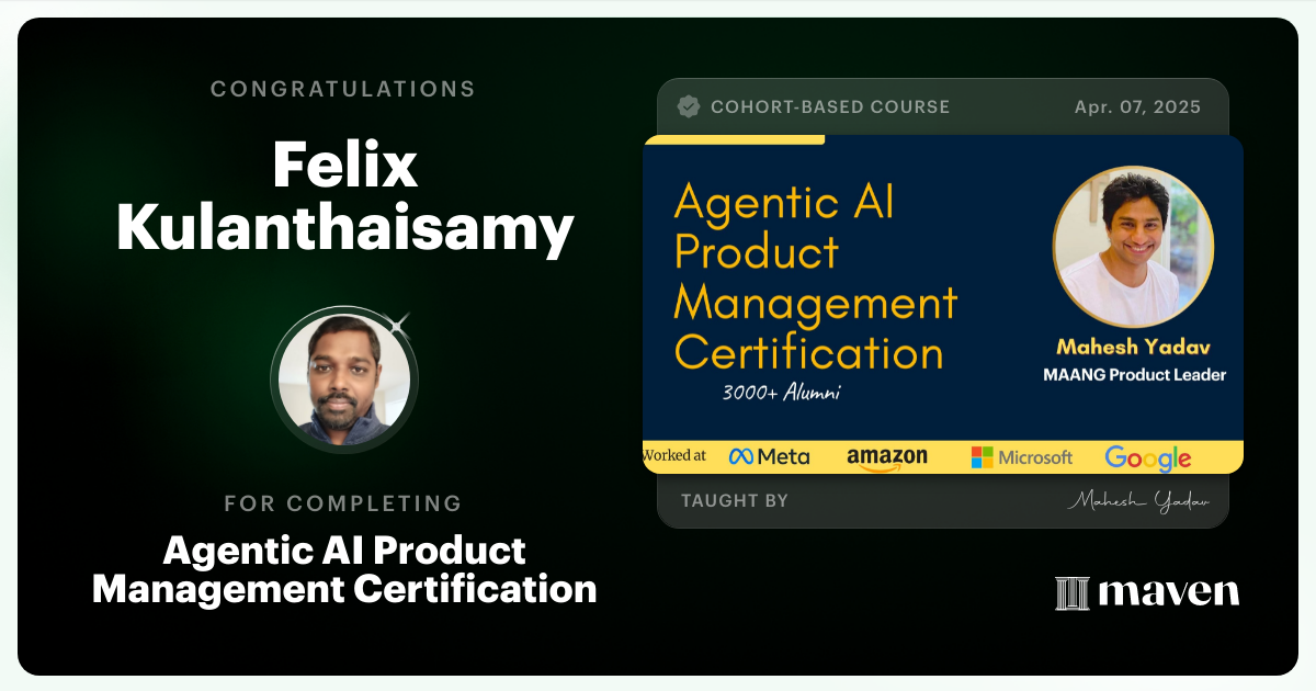 Certificate of Completion for Agentic AI Product Management Certification