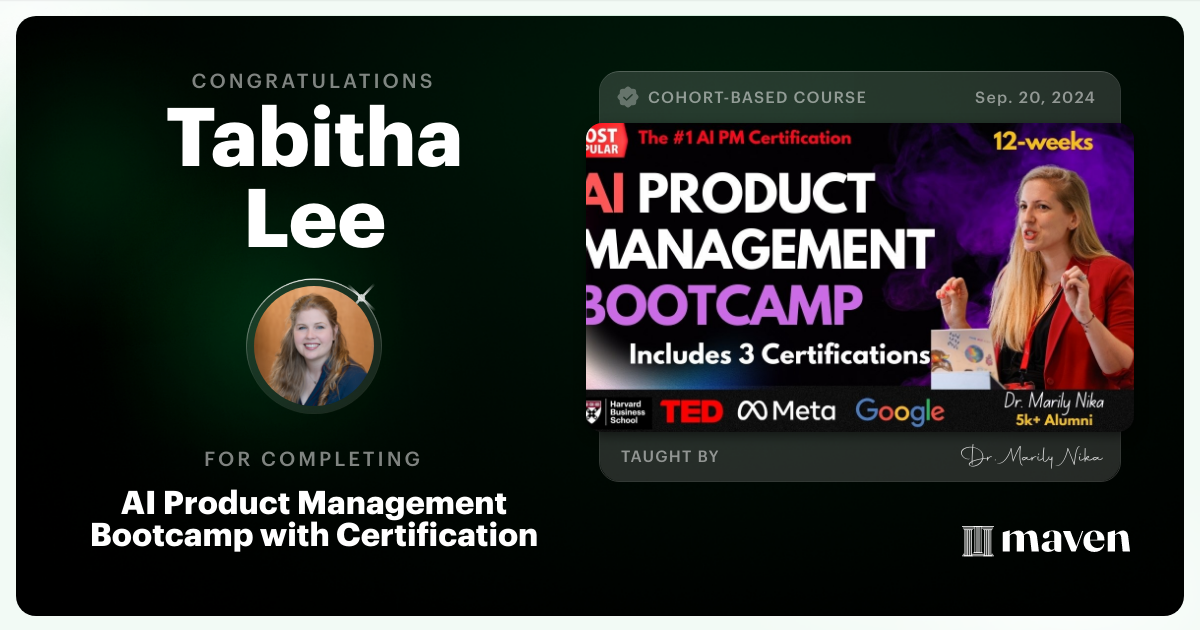 Certificate of Completion for AI Product Management Bootcamp & Certification by AI Product Academy
