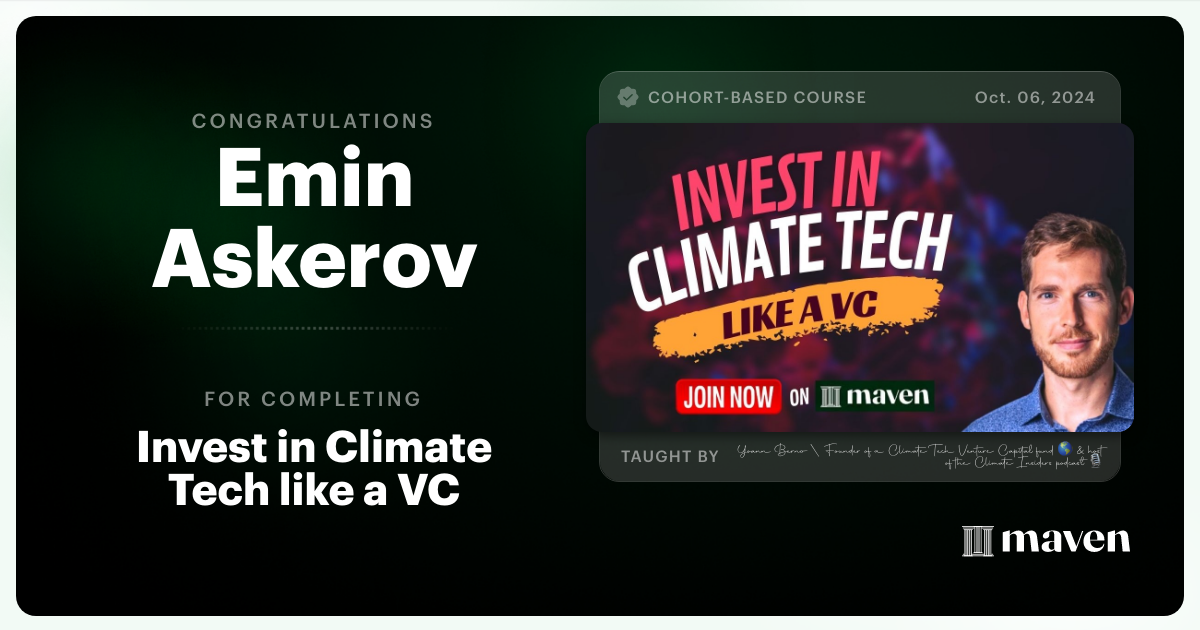 Certificate of Completion for Invest in Climate Tech like a VC