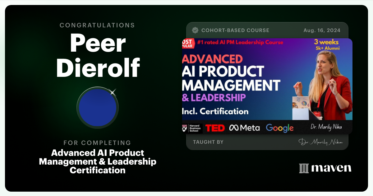 Certificate of Completion for Advanced AI Product Leadership Certification